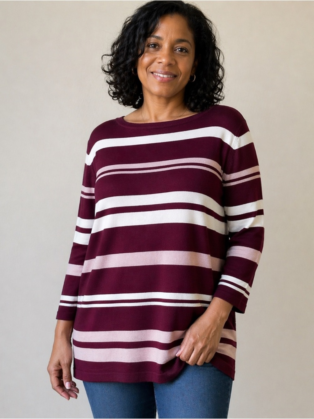 Liz Claiborne XL Burgundy Striped Knit Top Rayon Blend 3/4 Sleeve Casual Chic